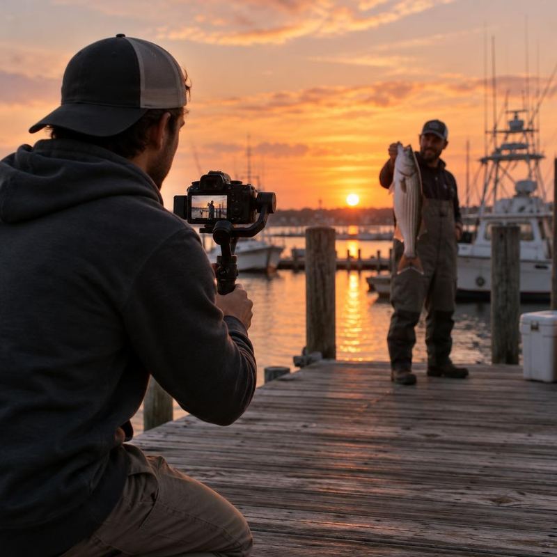 A creator filming an angler holding a striped bass on the dock at sunset