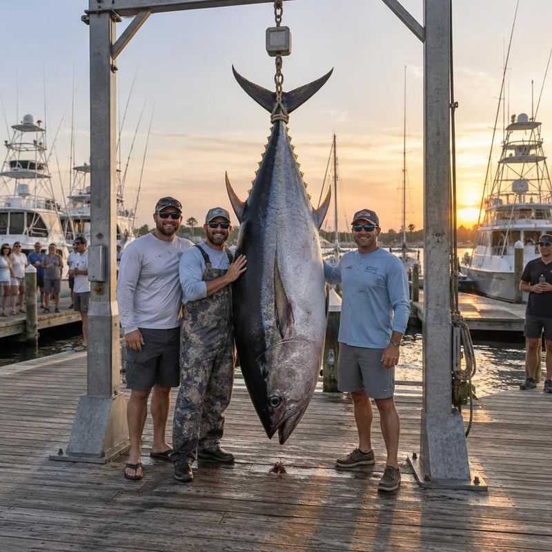 Three crew members beside a large tuna hung from a weigh-station frame on the dock at sunset