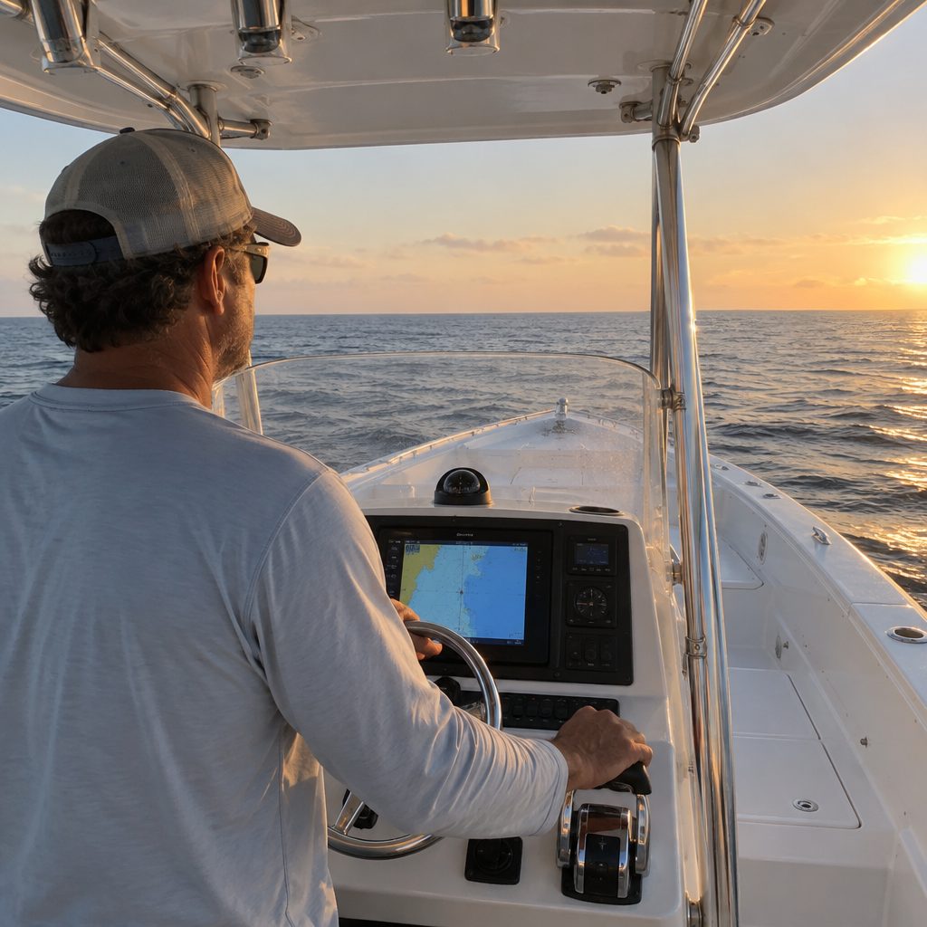 A charter captain at the wheel and throttles of his boat, heading out across open water at sunrise
