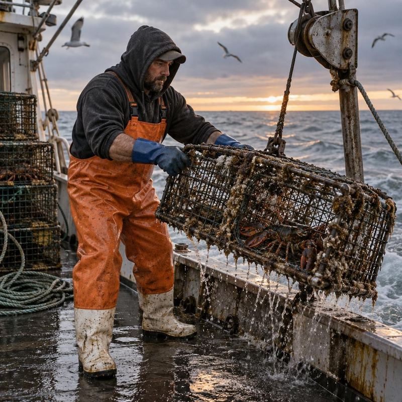A commercial fisherman in orange bib overalls hauling a lobster trap aboard his boat